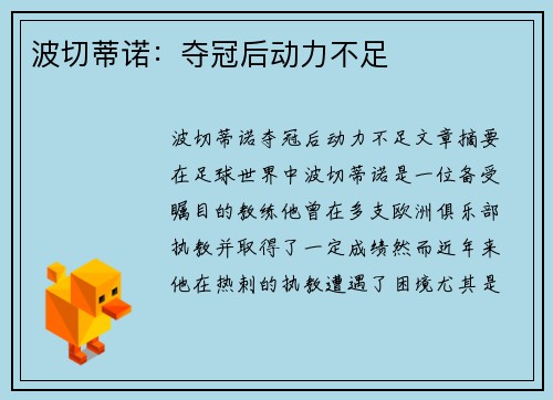 波切蒂诺：夺冠后动力不足